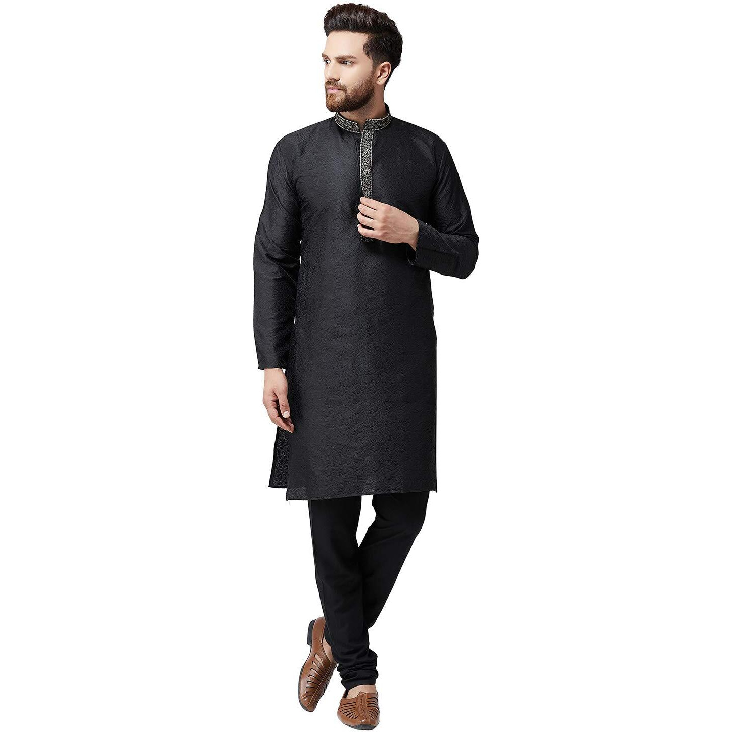 Sojanya (Since 1958 Men's Black Jacquard Silk Kurta & Churidaar Pyjama Size Xl