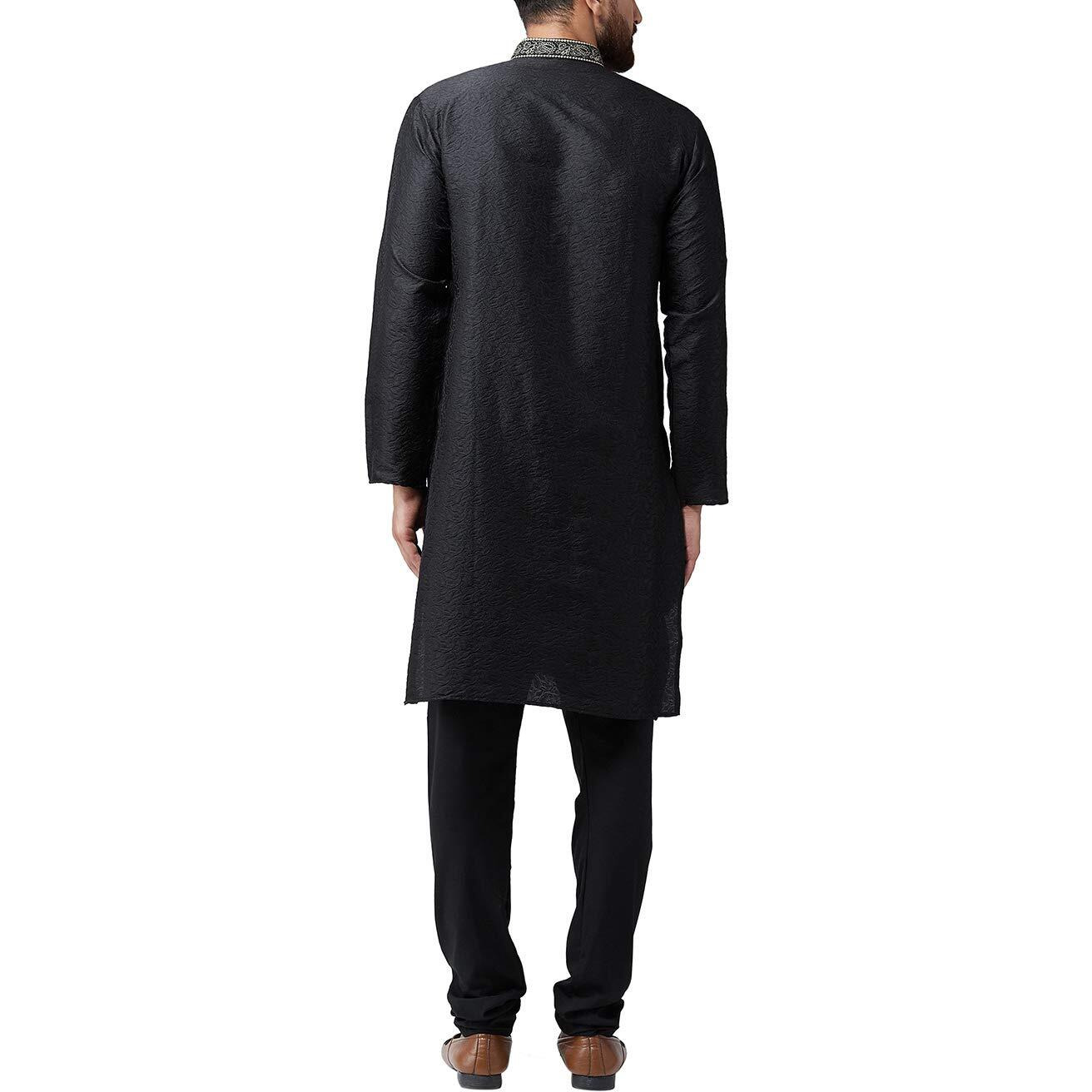 Sojanya (Since 1958 Men's Black Jacquard Silk Kurta & Churidaar Pyjama Size Xl