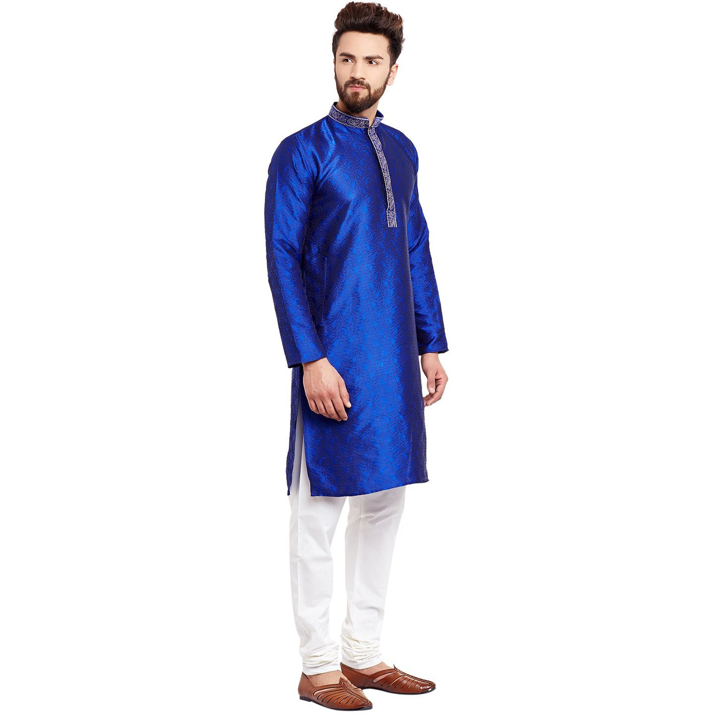 Sojanya (Since 1958 Men's Royal Blue Jacquard Silk Kurta & Churidaar Pyjama