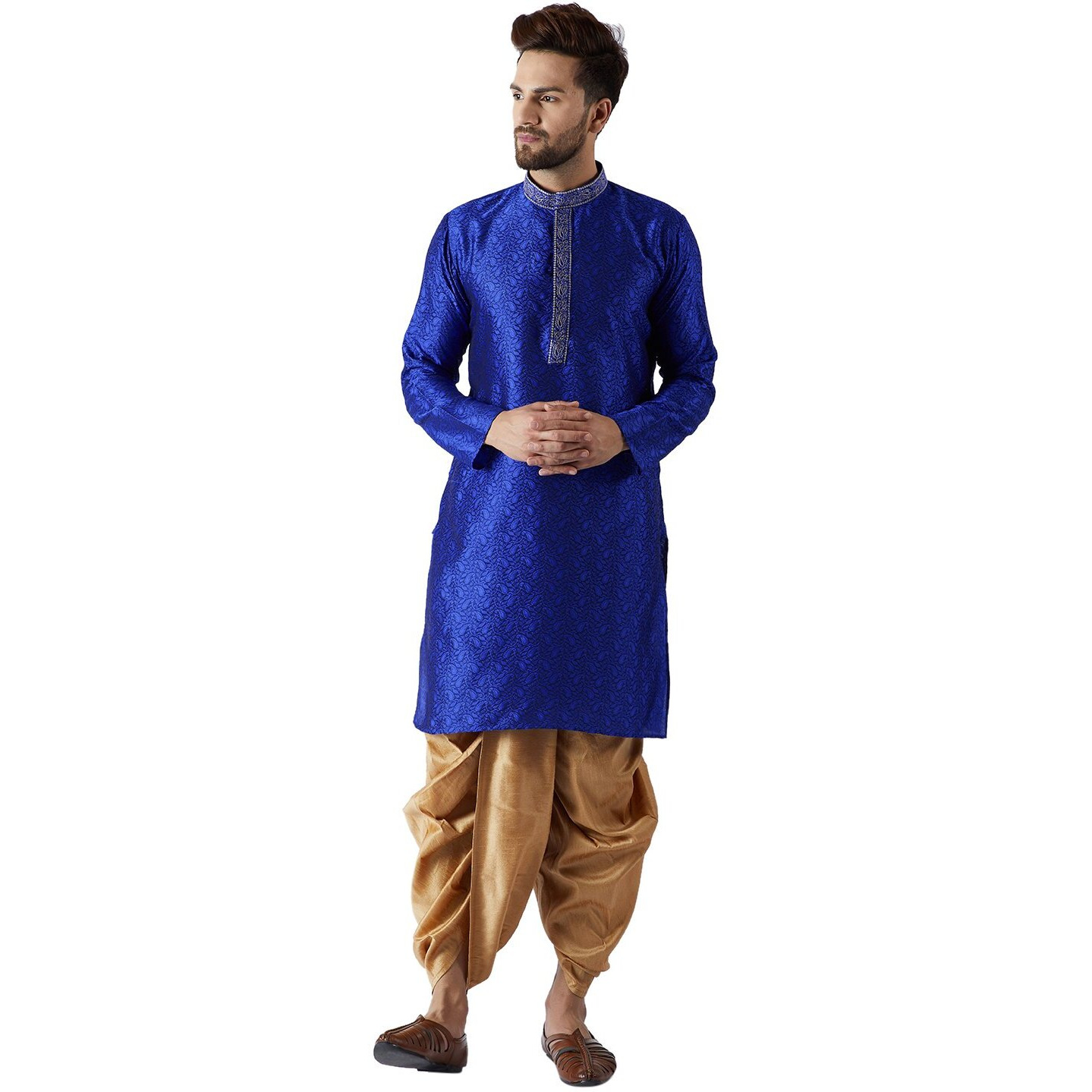 Sojanya (Since 1958, Men's Blue & Gold Silk Blend Kurta & Dhoti Set, Size M