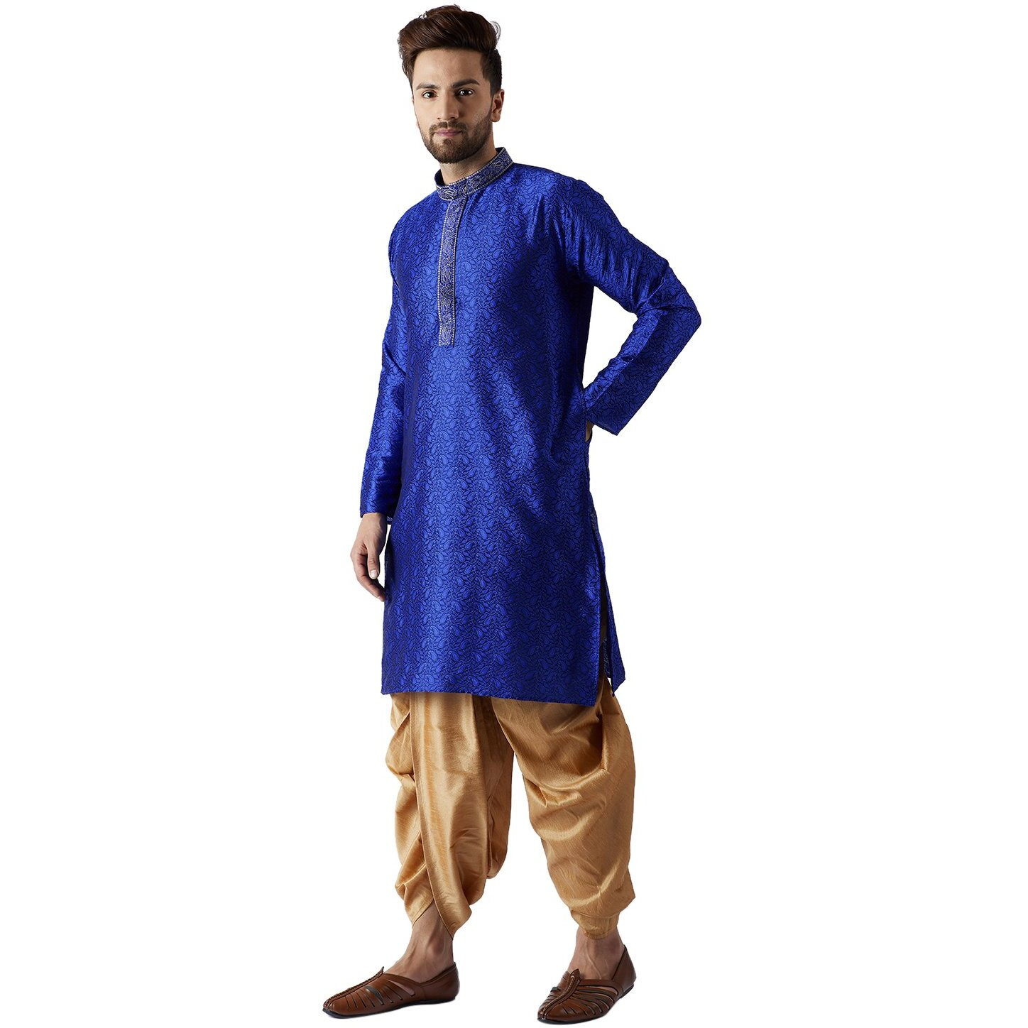 Sojanya (Since 1958, Men's Blue & Gold Silk Blend Kurta & Dhoti Set, Size M