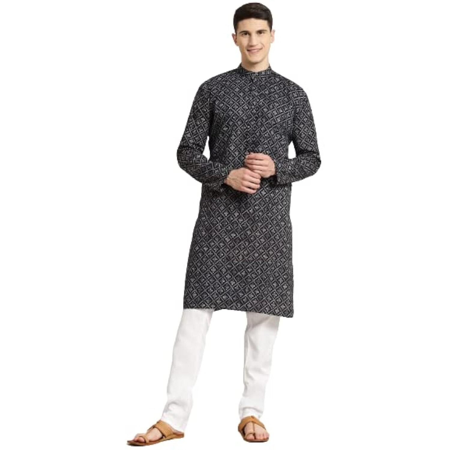 Sojanya (Since 1958 Men's Cotton Black & Grey Print Kurta & White Churidar Pyjama Set