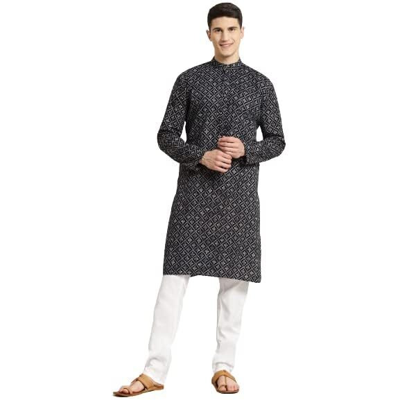 Sojanya (Since 1958 Men's Cotton Black & Grey Print Kurta & White Churidar Pyjama Set