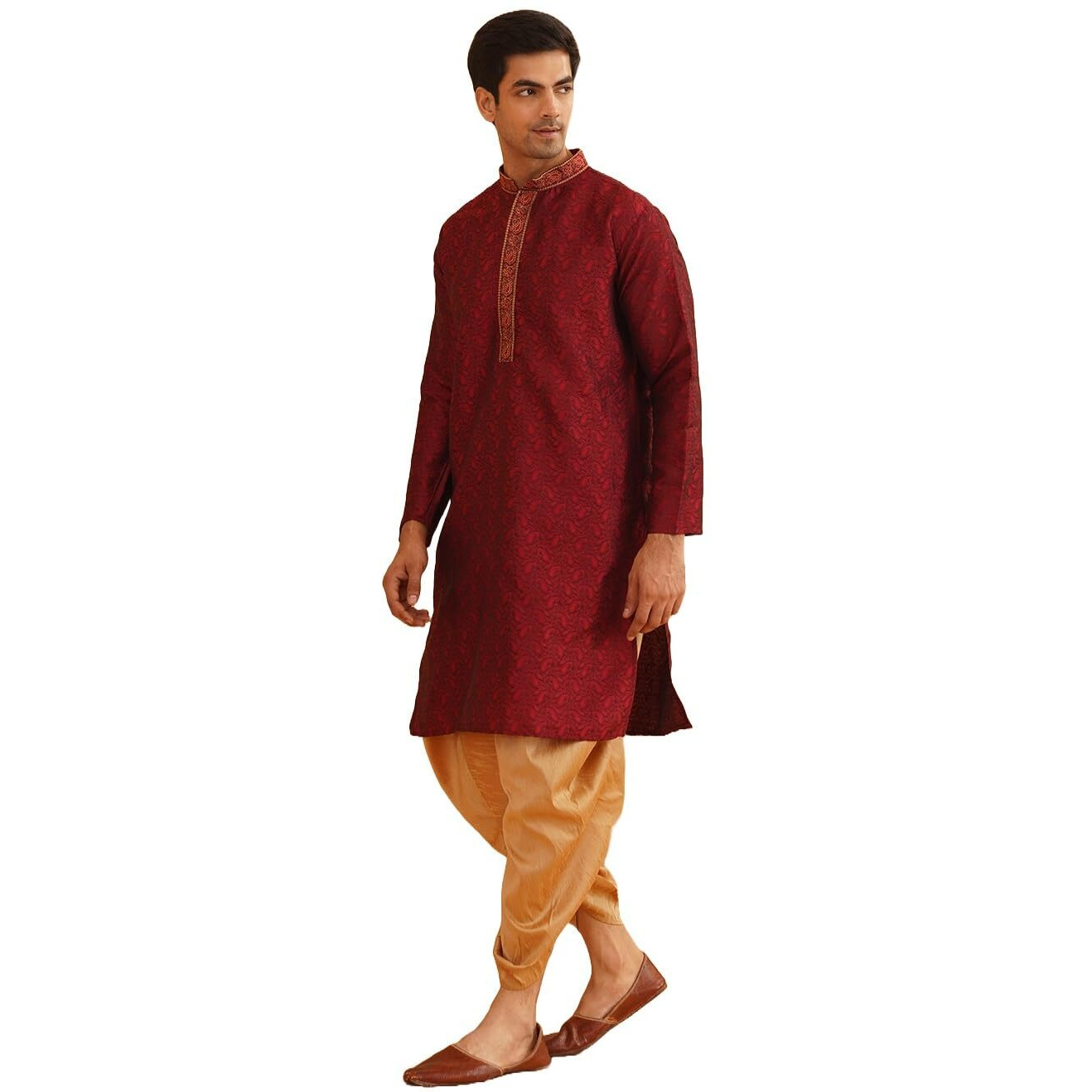 Sojanya (Since 1958, Men's Maroon & Gold Silk Dhoti Kurta Set, Size L