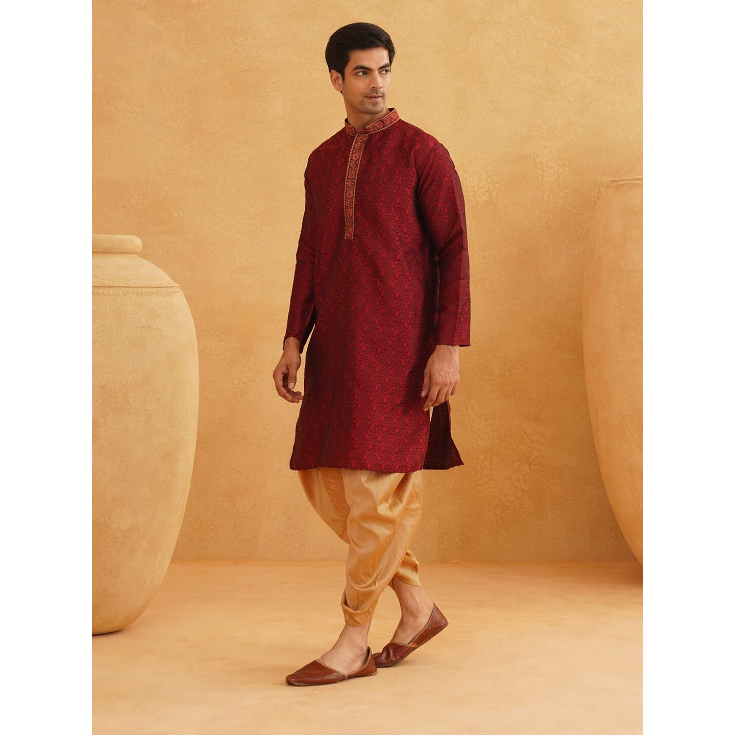 Sojanya (Since 1958, Men's Maroon & Gold Silk Dhoti Kurta Set, Size L