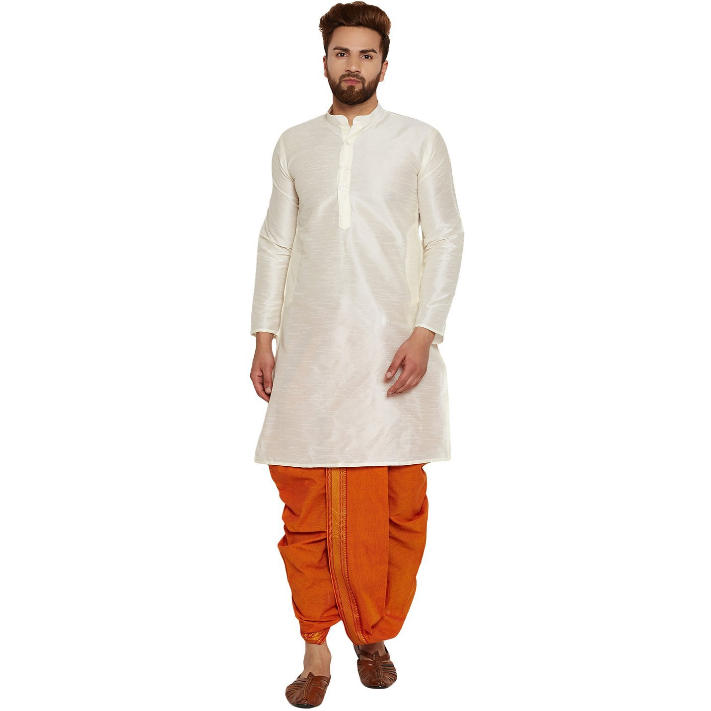 Sojanya Men's Cotton Silk Dhotis(Orange, Free Size)