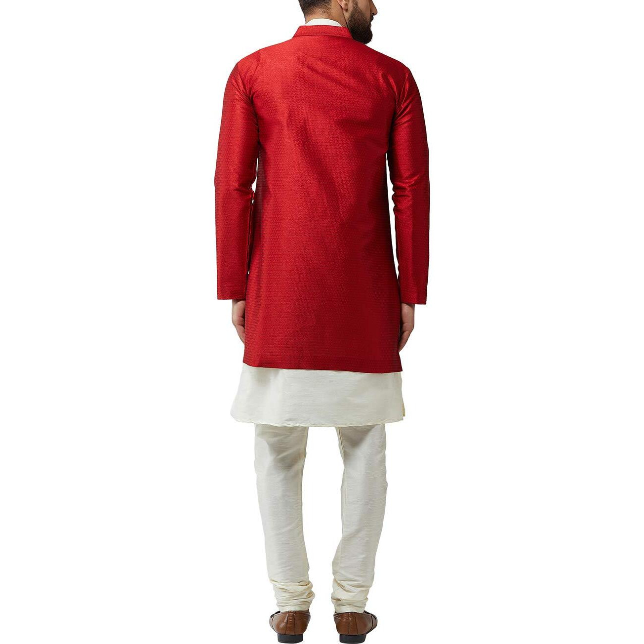 Sojanya (Since 1958 Men's Silk Blend Cream Kurta Churidaar Pyjama & Maroon Jacket Combo Size 40