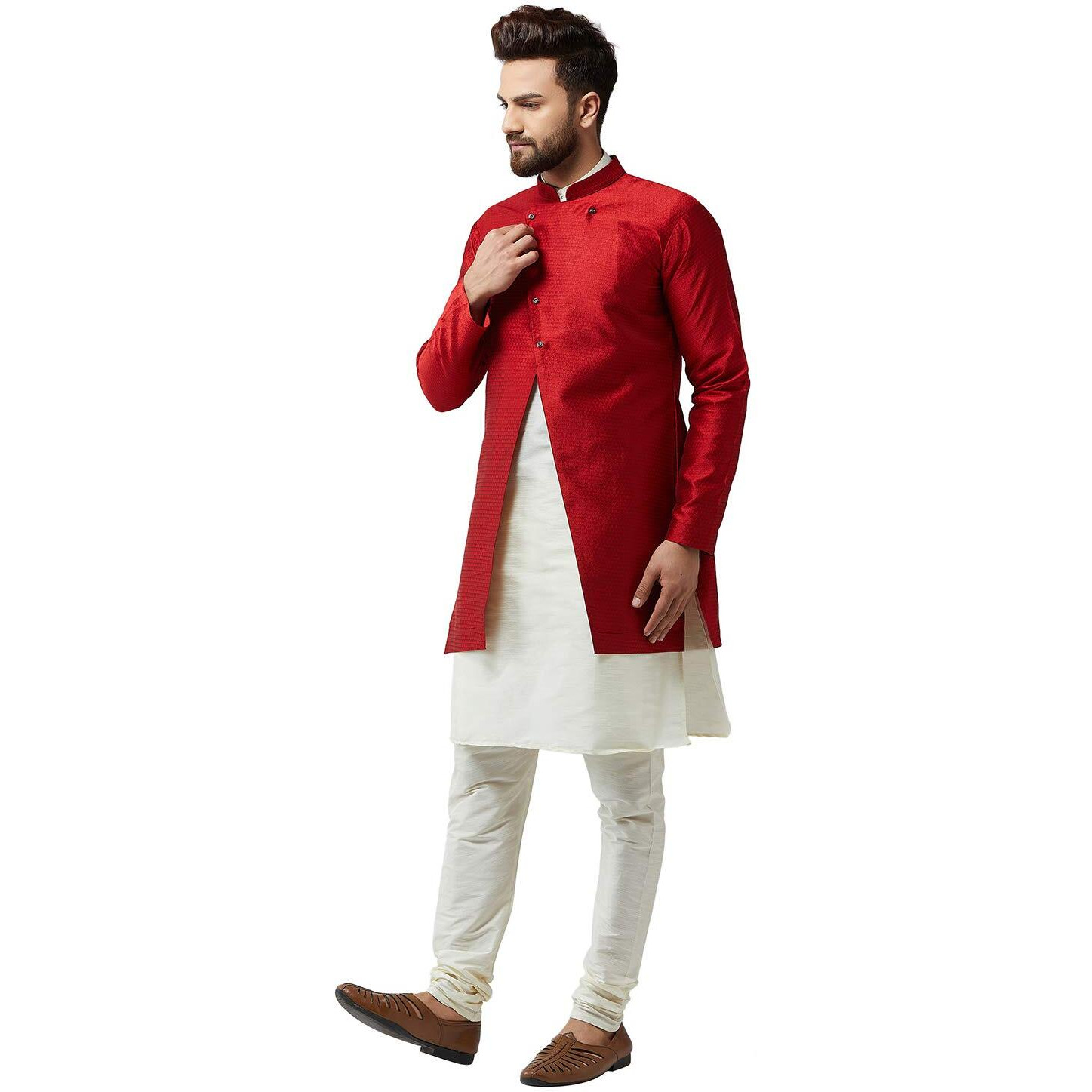 Sojanya (Since 1958 Men's Silk Blend Cream Kurta Churidaar Pyjama & Maroon Jacket Combo Size 40