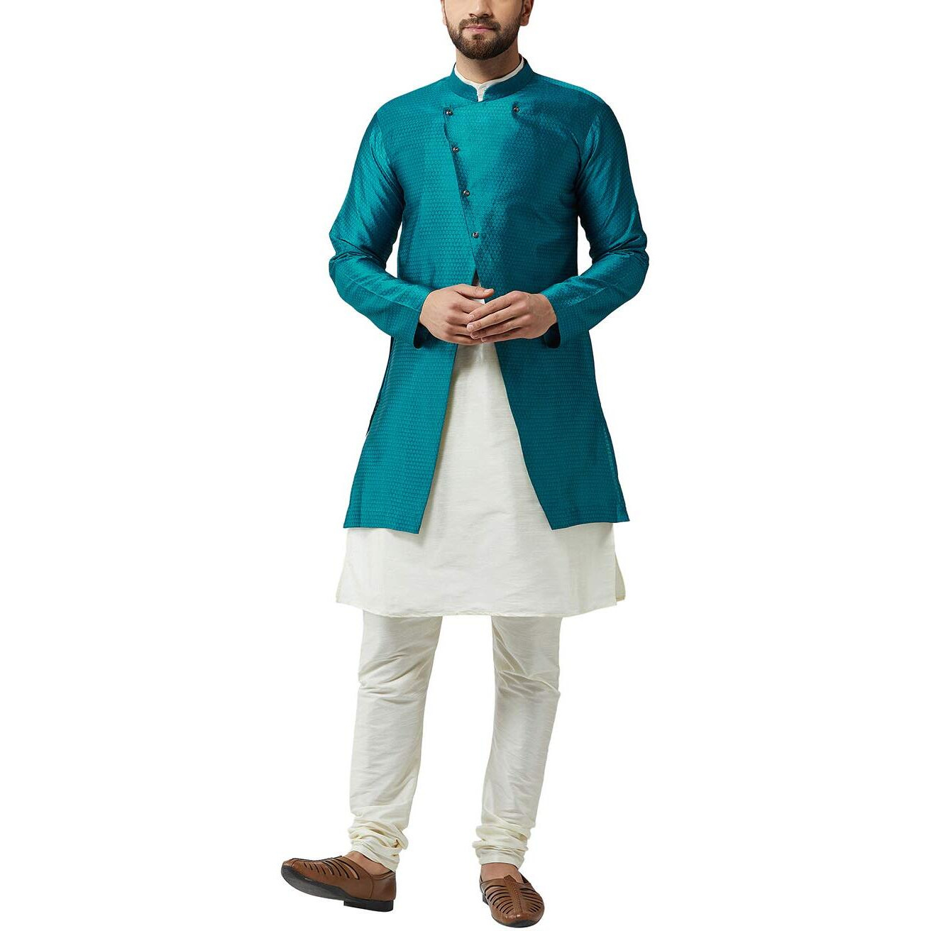 Sojanya (Since 1958 Men's Silk Blend Cream Kurta Churidaar Pyjama & Peacock Blue Jacket Combo Size 40