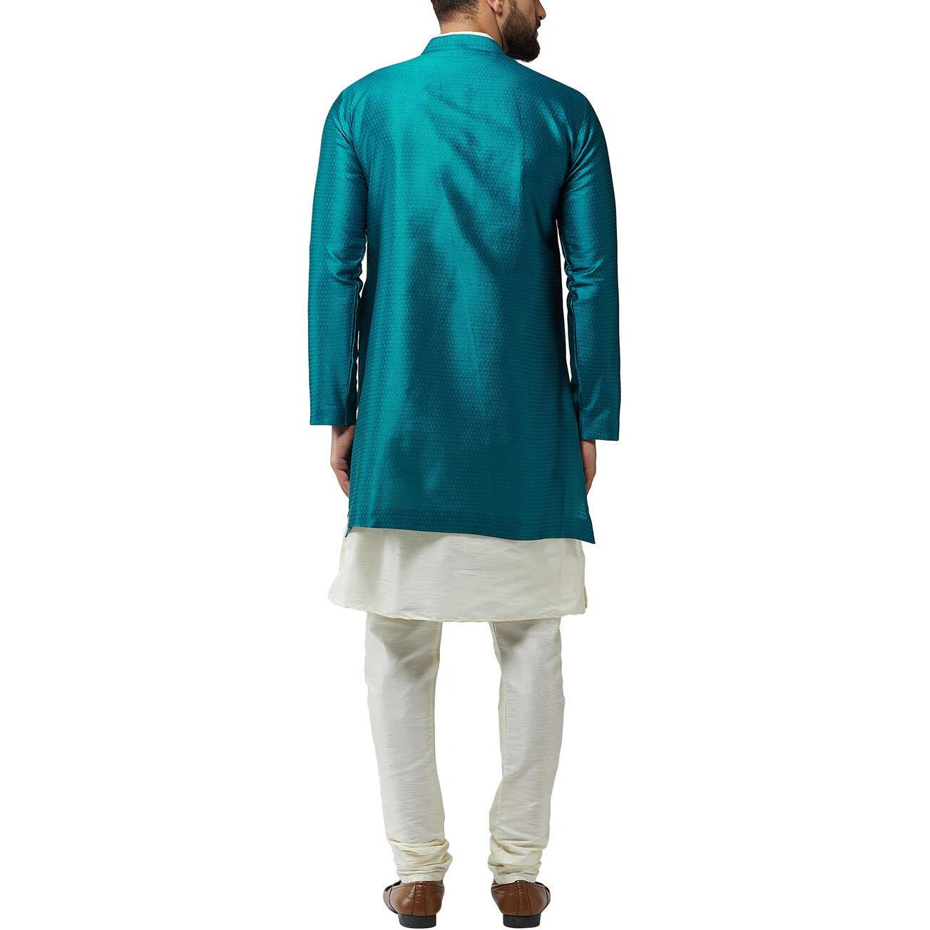 Sojanya (Since 1958 Men's Silk Blend Cream Kurta Churidaar Pyjama & Peacock Blue Jacket Combo Size 40
