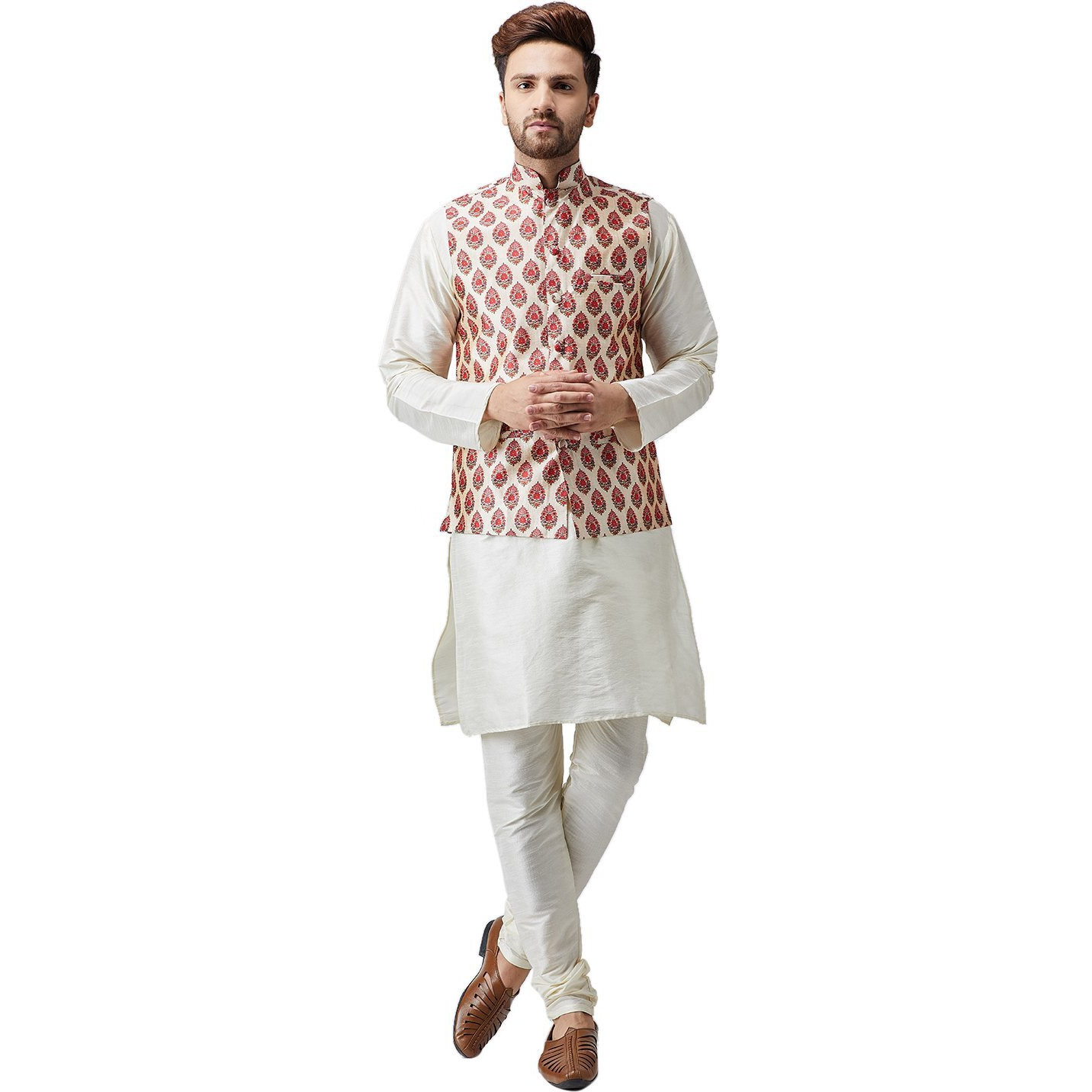 Sojanya (Since 1958 Men's Silk Off-White Kurta Pyjama & Maroon Printed Nehru Jacket Set Size M