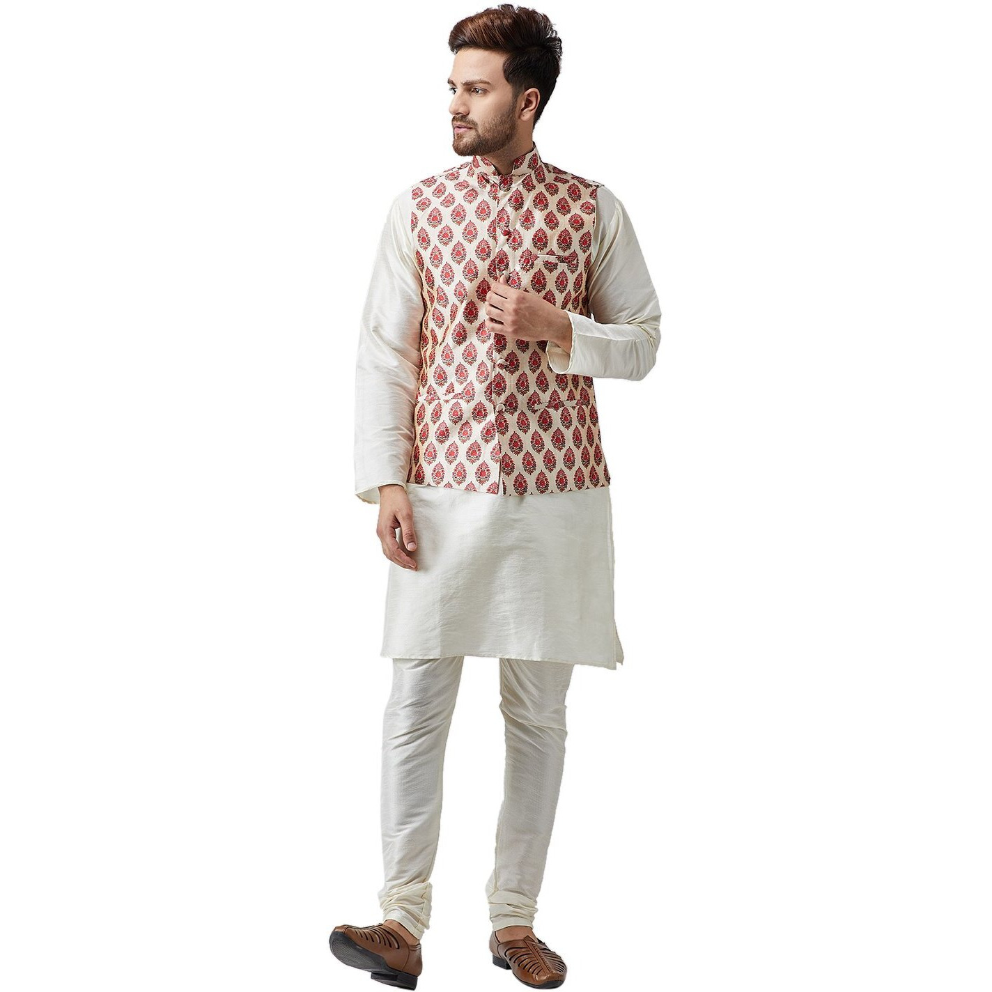 Sojanya (Since 1958 Men's Silk Off-White Kurta Pyjama & Maroon Printed Nehru Jacket Set Size M