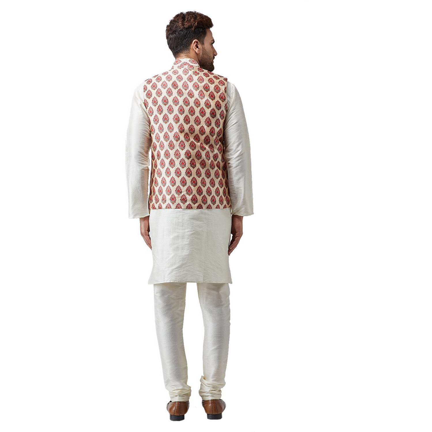 Sojanya (Since 1958 Men's Silk Off-White Kurta Pyjama & Maroon Printed Nehru Jacket Set Size M