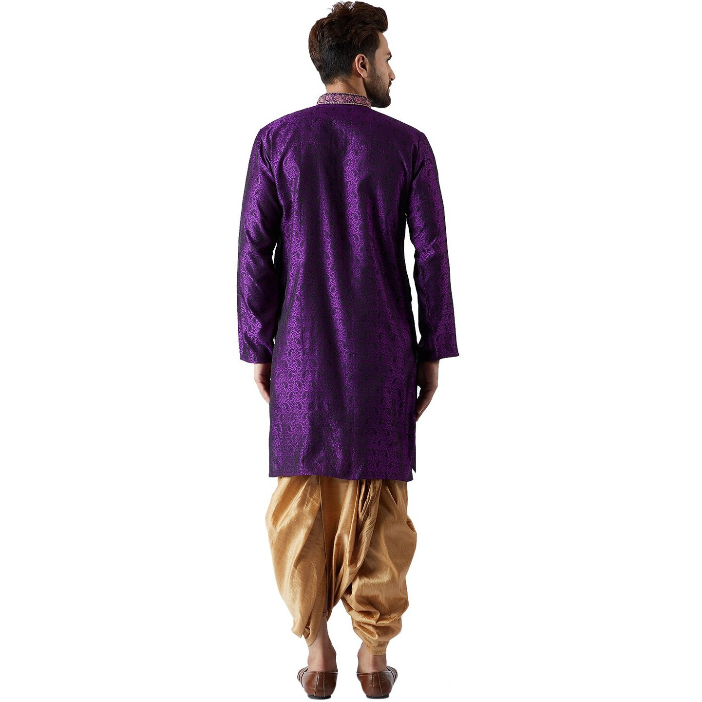 Sojanya (Since 1958, Men's Purple & Gold Silk Blend Kurta & Dhoti Set, Size L