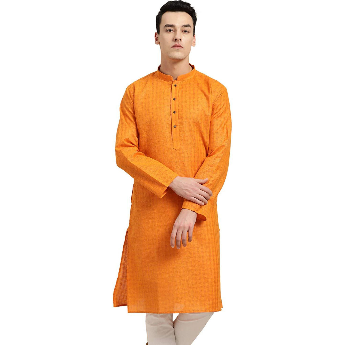 Sojanya (Since 1958 Men's Cotton Linen Orange Checked Only Long Kurta Size 44
