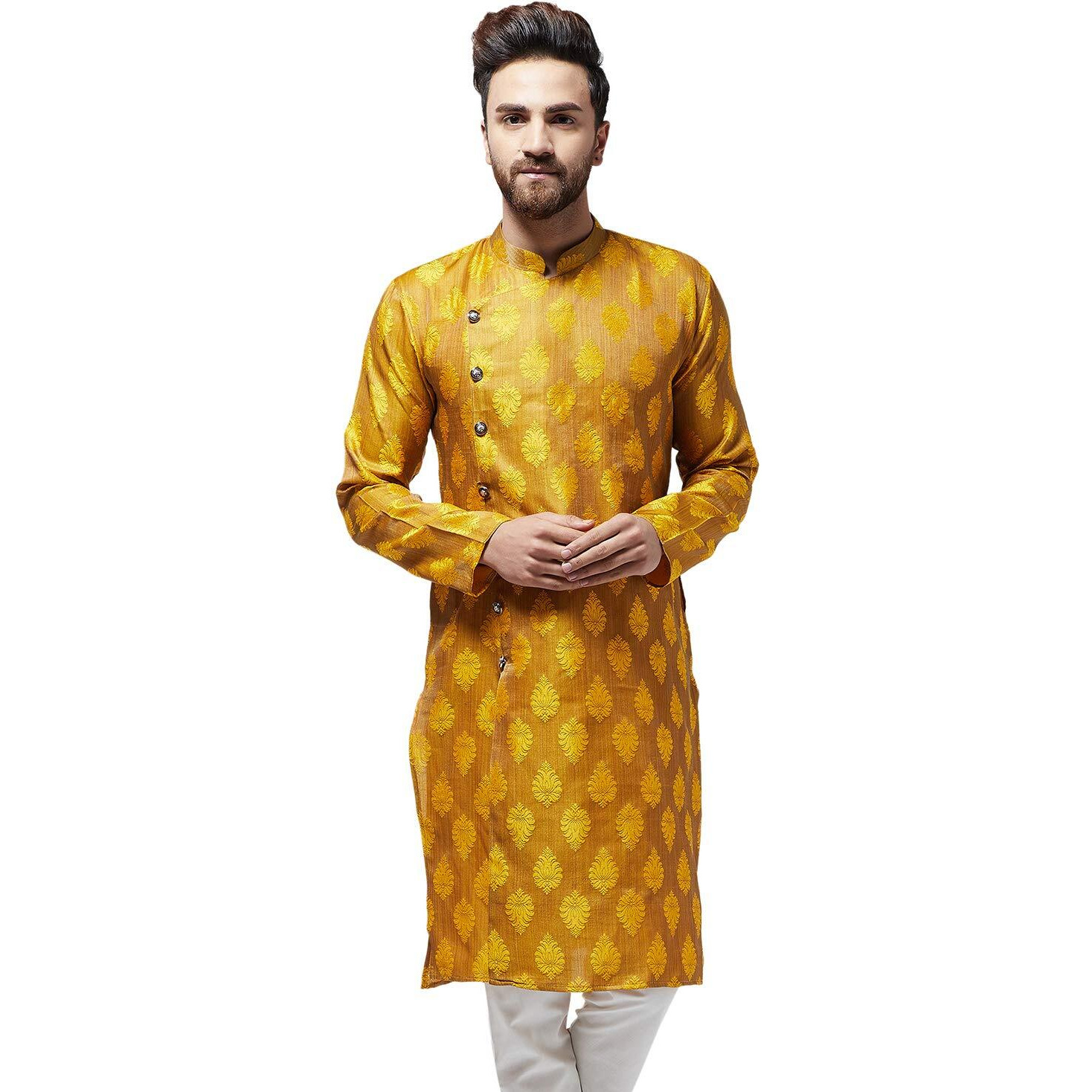 Sojanya (Since 1958 Men's Jacquard Silk Mustard Only Long Kurta Size 42