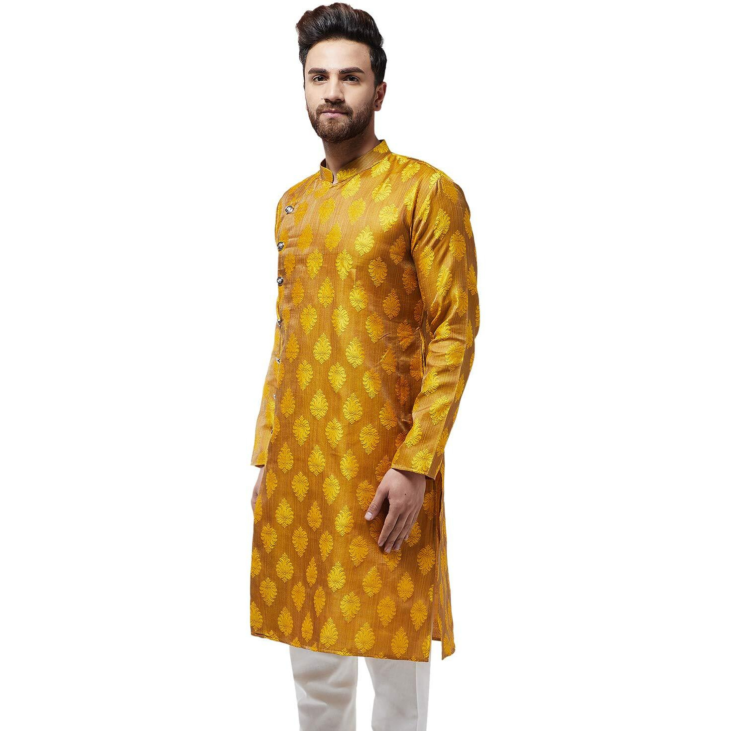 Sojanya (Since 1958 Men's Jacquard Silk Mustard Only Long Kurta Size 42