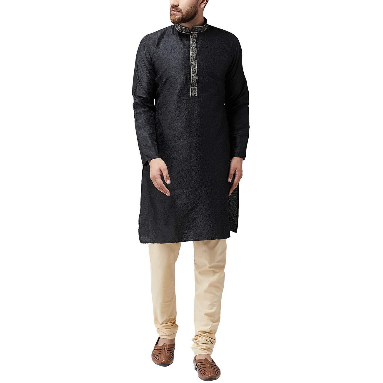 Sojanya (Since 1958) Men's Black Jacquard Silk Kurta & Churidaar Pyjama, Size Xxl