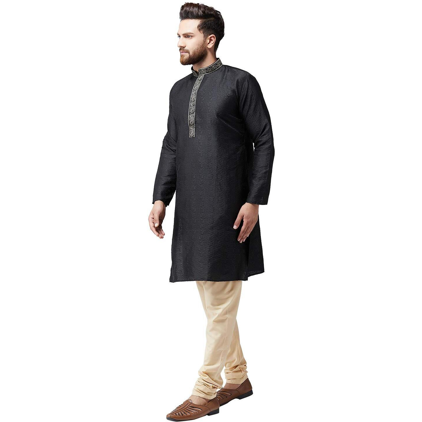 Sojanya (Since 1958) Men's Black Jacquard Silk Kurta & Churidaar Pyjama, Size Xxl