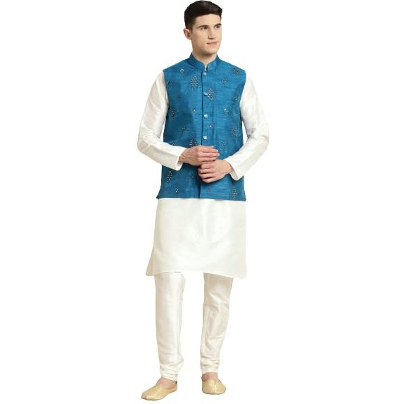 Sojanya (Since 1958 Men's Silk Blend Cream Kurta & Churidaar Pyjama With Mirror Work Nehrujacket Set