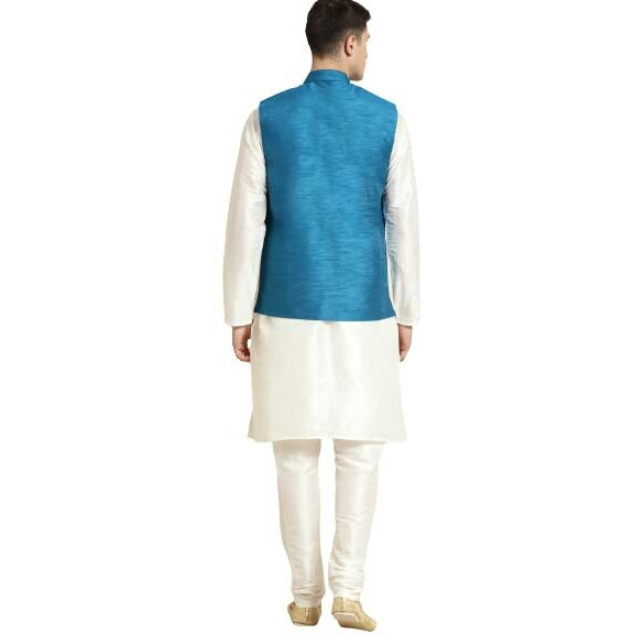 Sojanya (Since 1958 Men's Silk Blend Cream Kurta & Churidaar Pyjama With Mirror Work Nehrujacket Set