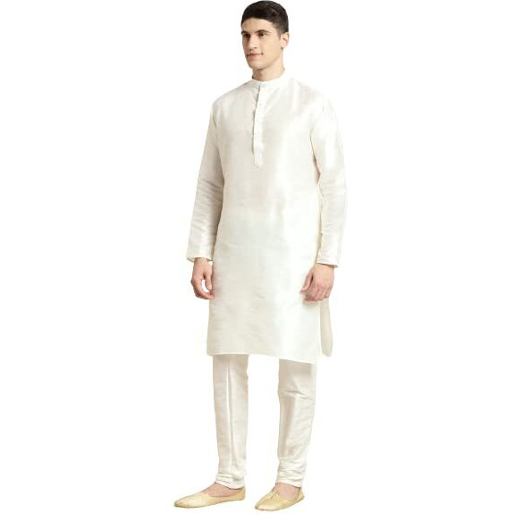 Sojanya (Since 1958 Men's Silk Blend Cream Kurta & Churidaar Pyjama With Mirror Work Nehrujacket Set