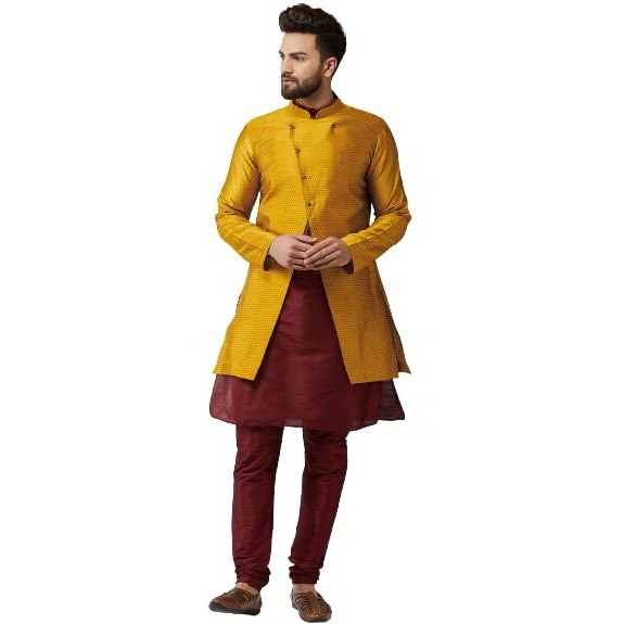 Sojanya (Since 1958 Men's Silk Blend Maroon Kurta Churidaar Pyjama & Mustrad Jacket Combo Size 40