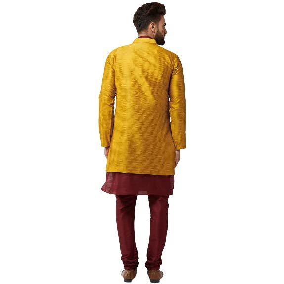 Sojanya (Since 1958 Men's Silk Blend Maroon Kurta Churidaar Pyjama & Mustrad Jacket Combo Size 40