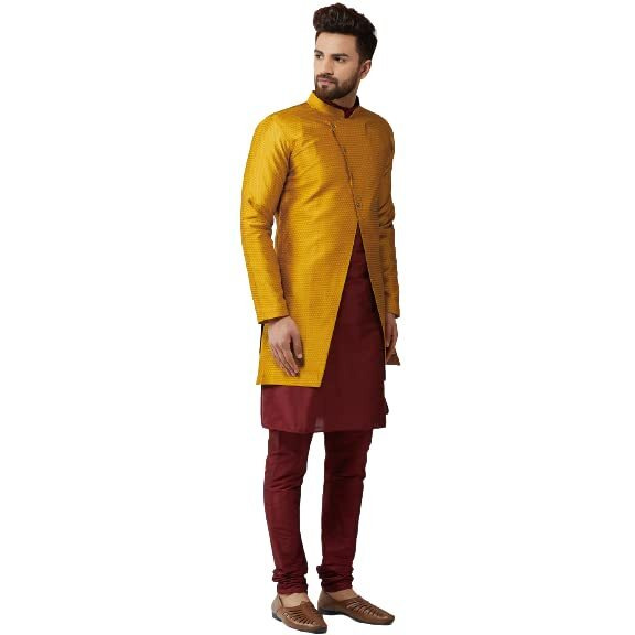 Sojanya (Since 1958 Men's Silk Blend Maroon Kurta Churidaar Pyjama & Mustrad Jacket Combo Size 40