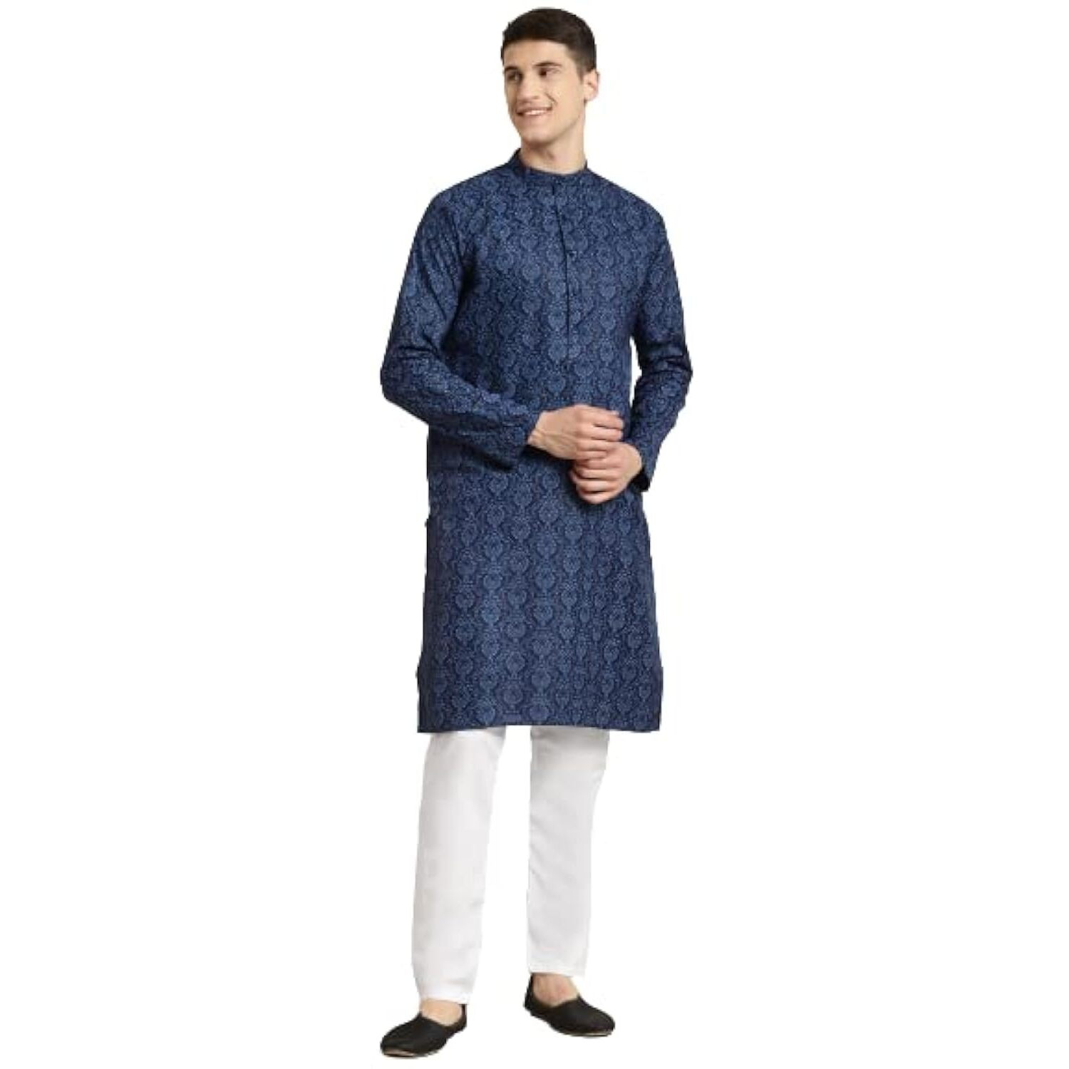 Sojanya (Since 1958 Men's Cotton Blend Navy Blue & Black Printed Kurta & White Churidar Pyjama Set