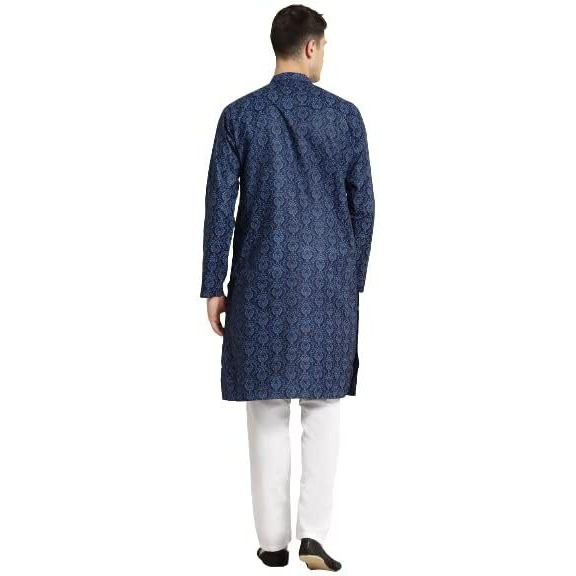 Sojanya (Since 1958 Men's Cotton Blend Navy Blue & Black Printed Kurta & White Churidar Pyjama Set