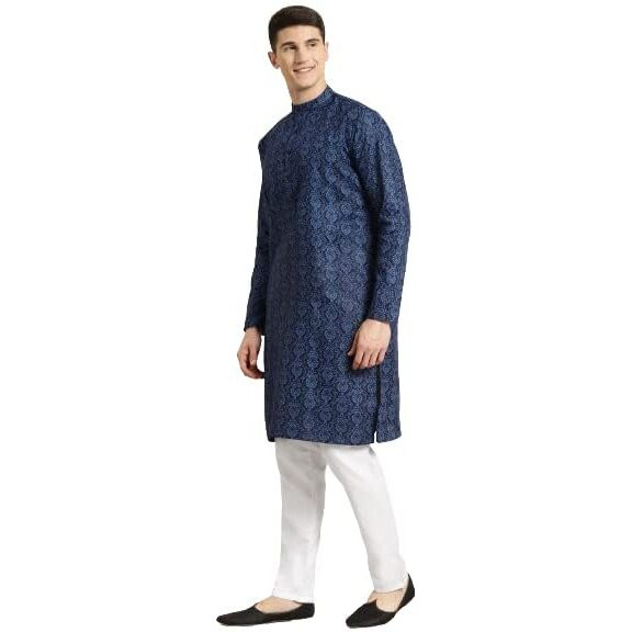 Sojanya (Since 1958 Men's Cotton Blend Navy Blue & Black Printed Kurta & White Churidar Pyjama Set