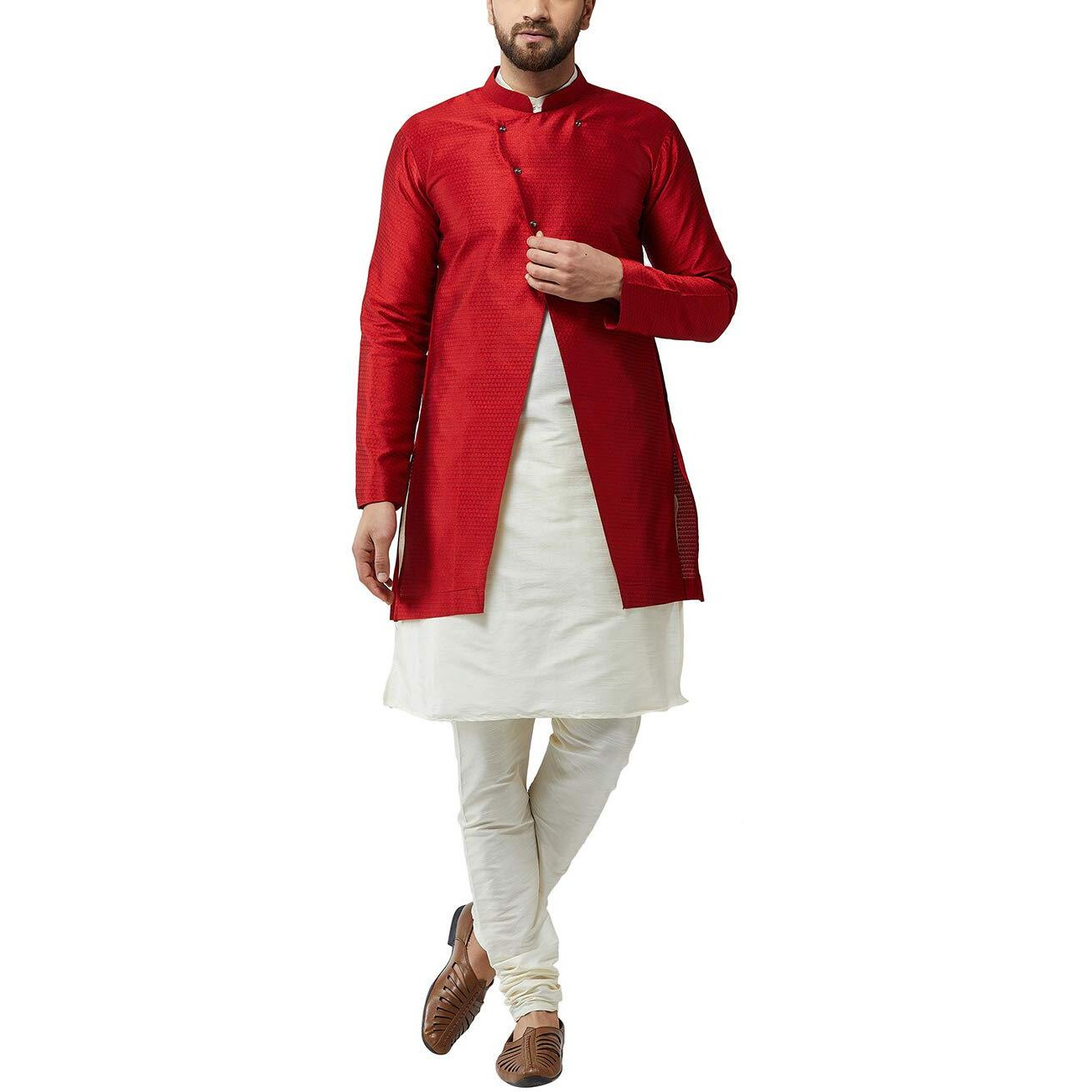 Sojanya (Since 1958 Men's Silk Blend Cream Kurta Churidaar Pyjama & Maroon Jacket Combo Size 42