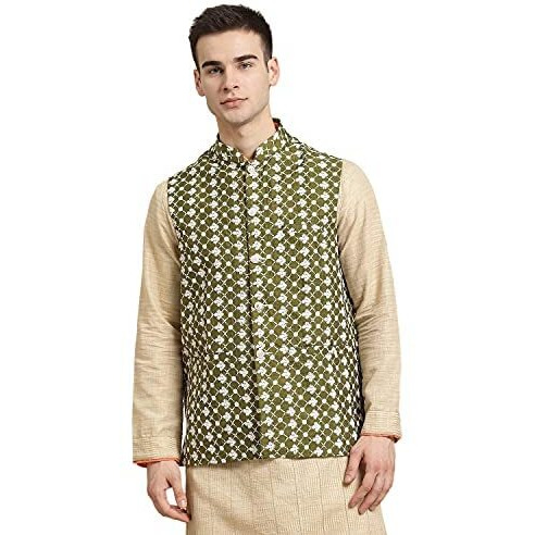 Sojanya (Since 1958, Men's Silk Blend Dark Green Embroidered Only Nehrujacket, Size 42