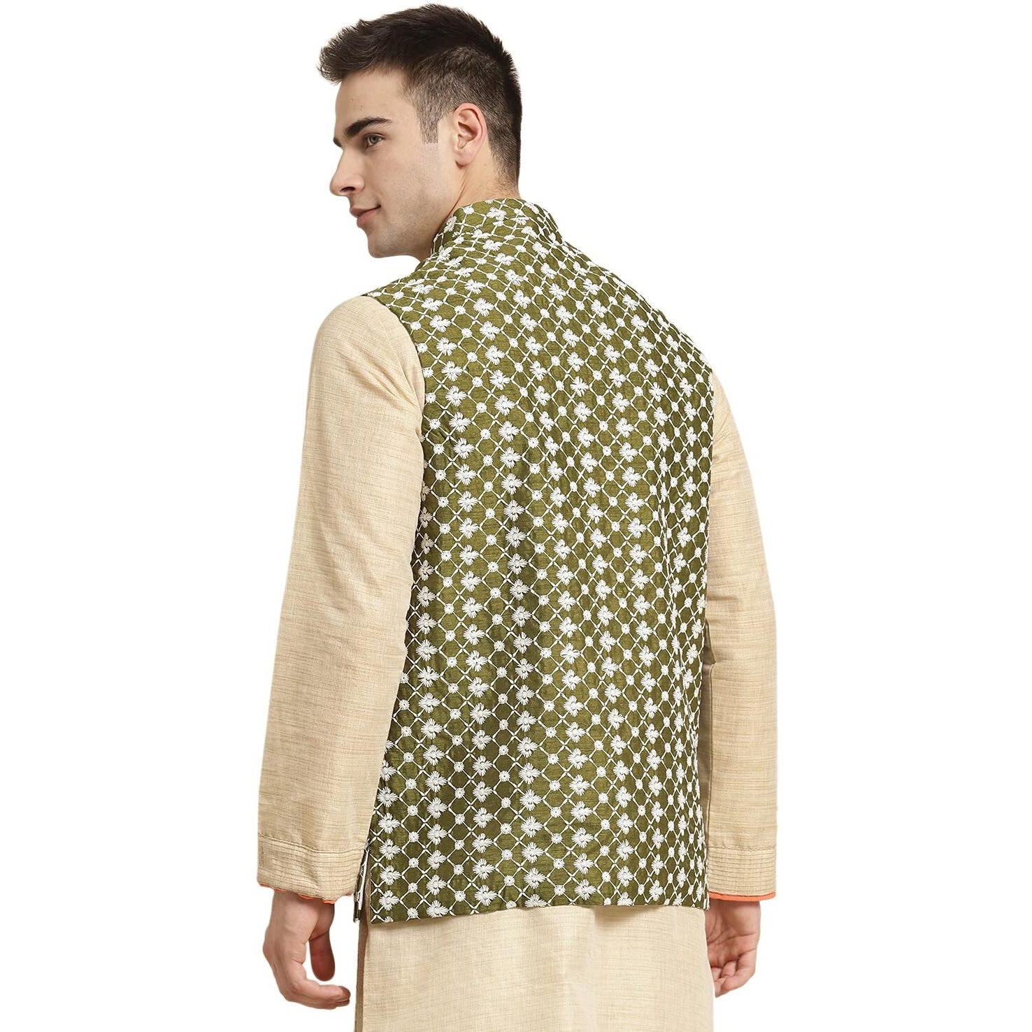 Sojanya (Since 1958, Men's Silk Blend Dark Green Embroidered Only Nehrujacket, Size 42