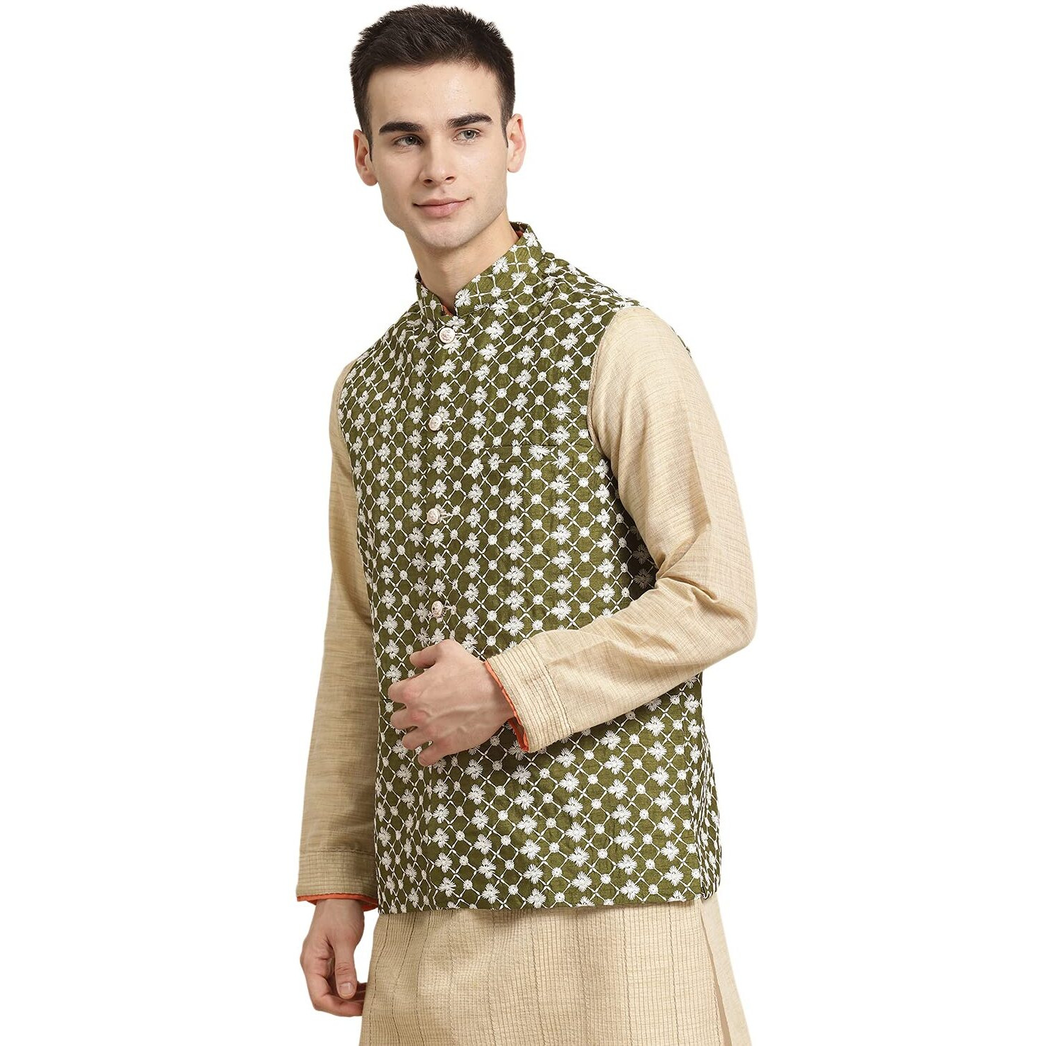 Sojanya (Since 1958, Men's Silk Blend Dark Green Embroidered Only Nehrujacket, Size 42