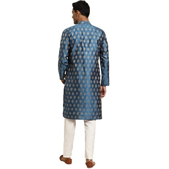 Sojanya (Since 1958 Men's Silk Blend Peacock Blue & Gold Booti Jacquard Only Long Kurta