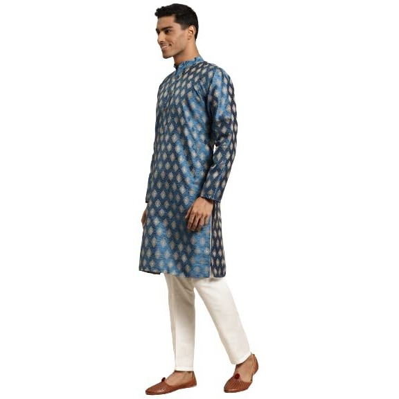 Sojanya (Since 1958 Men's Silk Blend Peacock Blue & Gold Booti Jacquard Only Long Kurta