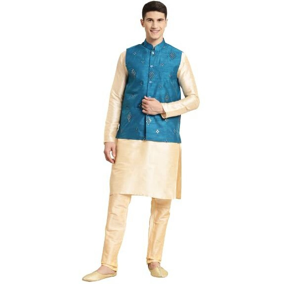 Sojanya (Since 1958 Men's Silk Blend Gold Kurta & Churidaar Pyjama With Mirror Work Nehrujacket Set
