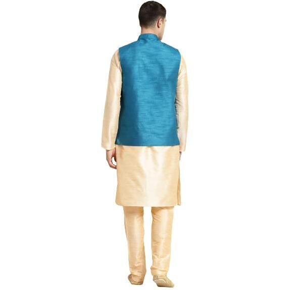 Sojanya (Since 1958 Men's Silk Blend Gold Kurta & Churidaar Pyjama With Mirror Work Nehrujacket Set