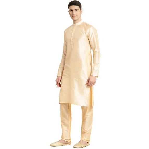 Sojanya (Since 1958 Men's Silk Blend Gold Kurta & Churidaar Pyjama With Mirror Work Nehrujacket Set