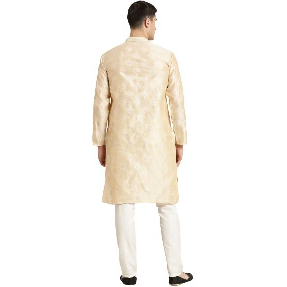 Sojanya (Since 1958 Men's Jacquard Silk Cream & Self Design Kurta & Off White Churidar Pyjama Set