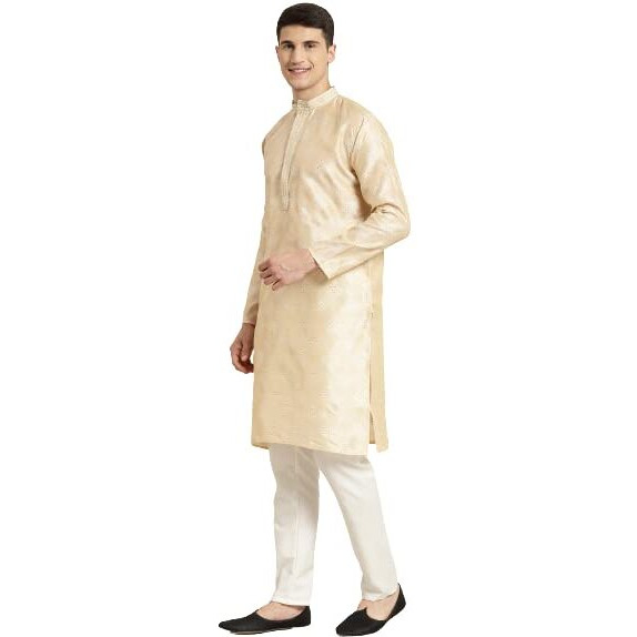 Sojanya (Since 1958 Men's Jacquard Silk Cream & Self Design Kurta & Off White Churidar Pyjama Set