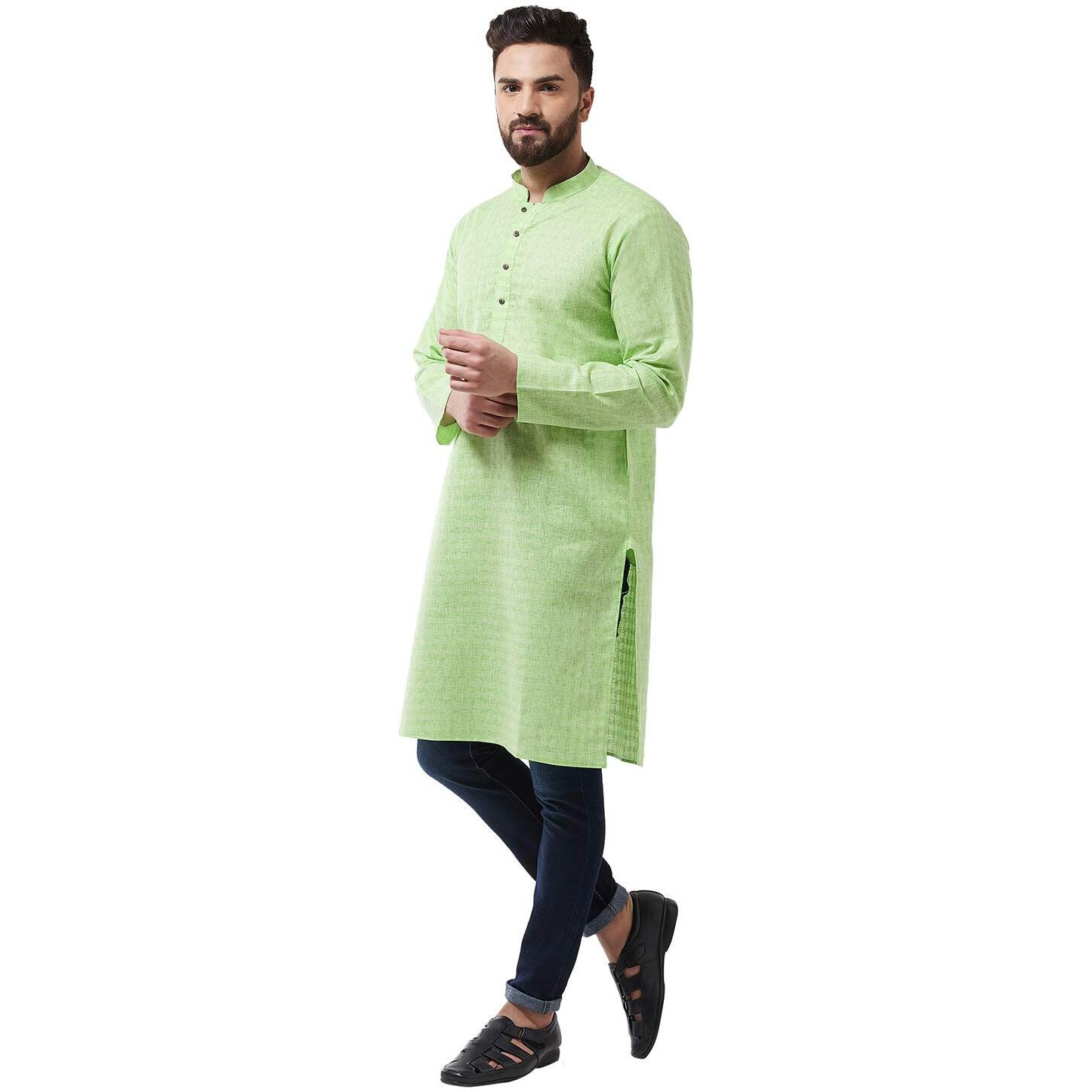 Sojanya (Since 1958 Men's Cotton Blend Green Woven Design Only Long Kurta Size 44