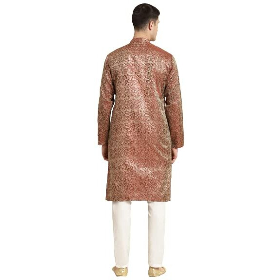 Sojanya (Since 1958 Men's Jacquard Silk Maroon Self Design Kurta & Off White Churidar Pyjama Set