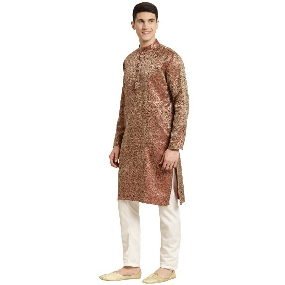 Sojanya (Since 1958 Men's Jacquard Silk Maroon Self Design Kurta & Off White Churidar Pyjama Set