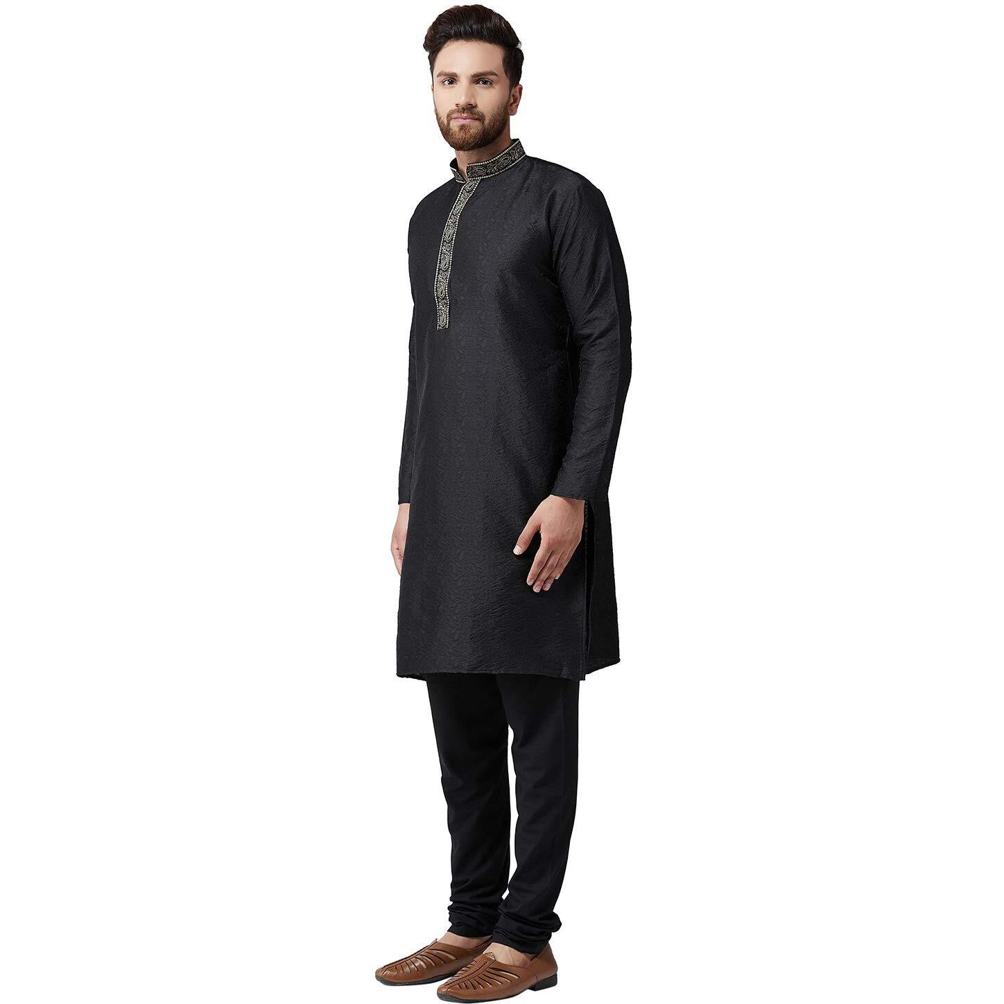 Sojanya (Since 1958 Men's Black Jacquard Silk Kurta & Churidaar Pyjama Size M