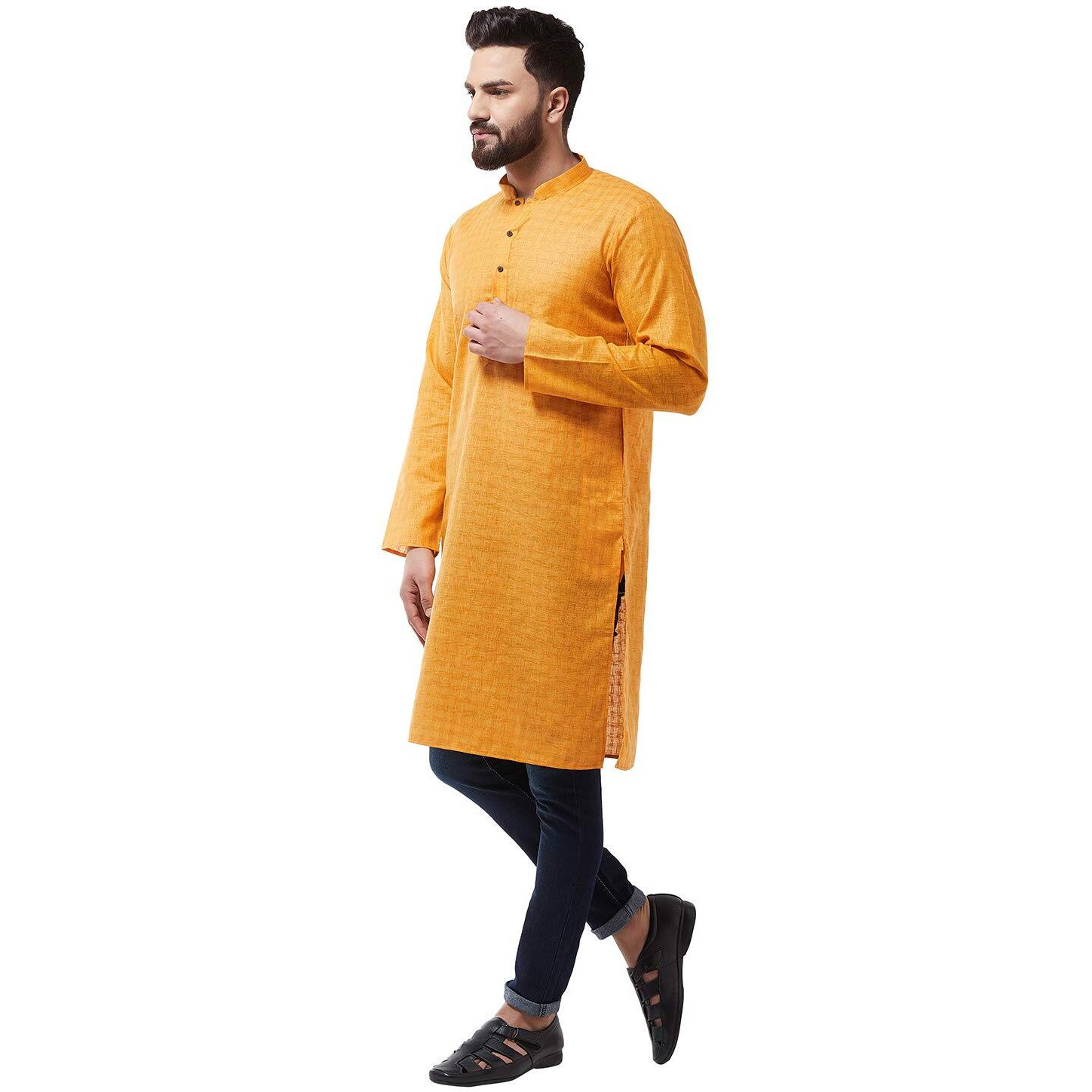 Sojanya (Since 1958 Men's Cotton Blend Mustard Woven Design Only Long Kurta Size 42