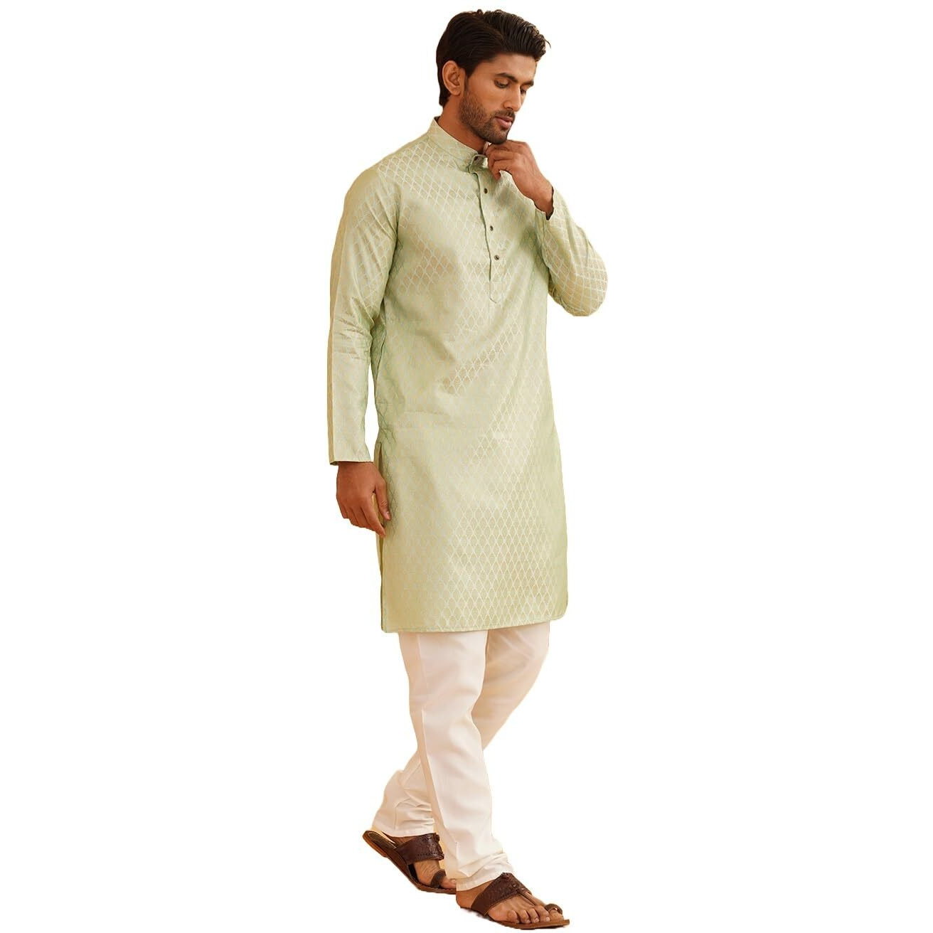 Sojanya (Since 1958 Men's Jacq Silk Pista Green Self Design Kurta & Off-White Churidar Pyjama Set Size 44