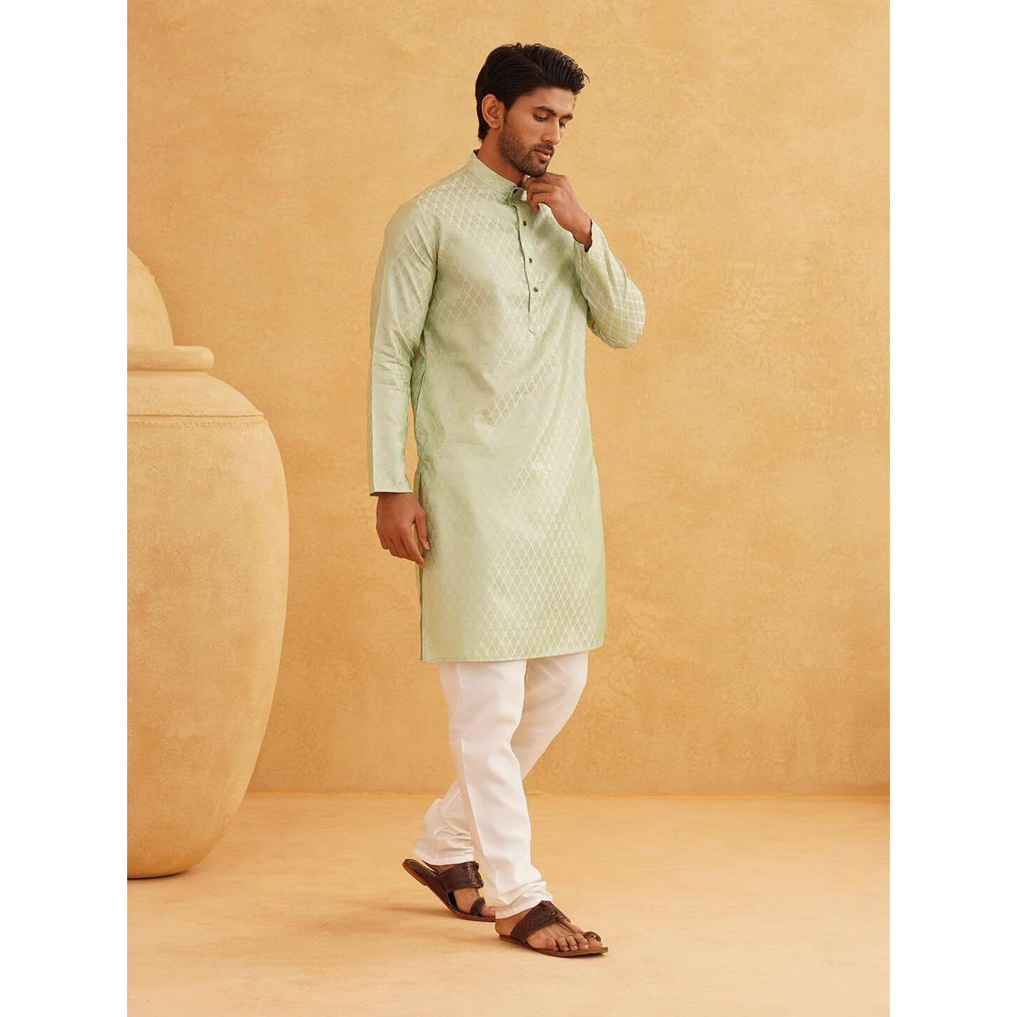Sojanya (Since 1958 Men's Jacq Silk Pista Green Self Design Kurta & Off-White Churidar Pyjama Set Size 44